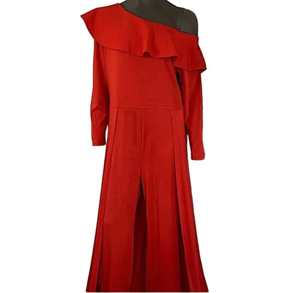 Vintage Overlay Jumpsuit Asymmetrical Off Shoulder Party Maxi Dress Size XL Red - Picture 2 of 15